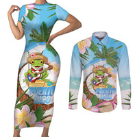 Puerto Rico Pava Coqui Couples Matching Short Sleeve Bodycon Dress and Long Sleeve Button Shirt Spirit Frog Tropical Beach Vibes - Wonder Print Shop