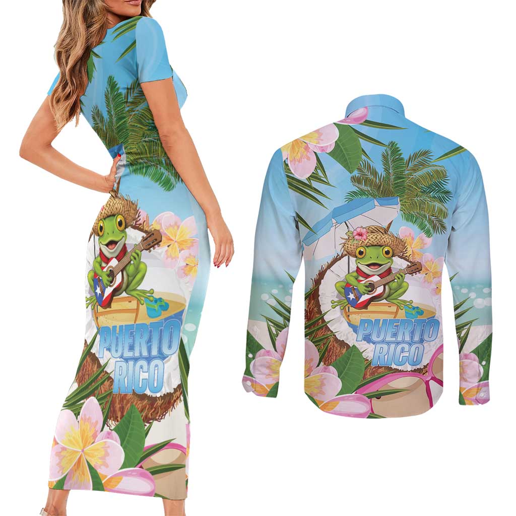 Puerto Rico Pava Coqui Couples Matching Short Sleeve Bodycon Dress and Long Sleeve Button Shirt Spirit Frog Tropical Beach Vibes - Wonder Print Shop