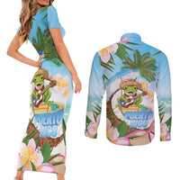 Puerto Rico Pava Coqui Couples Matching Short Sleeve Bodycon Dress and Long Sleeve Button Shirt Spirit Frog Tropical Beach Vibes - Wonder Print Shop
