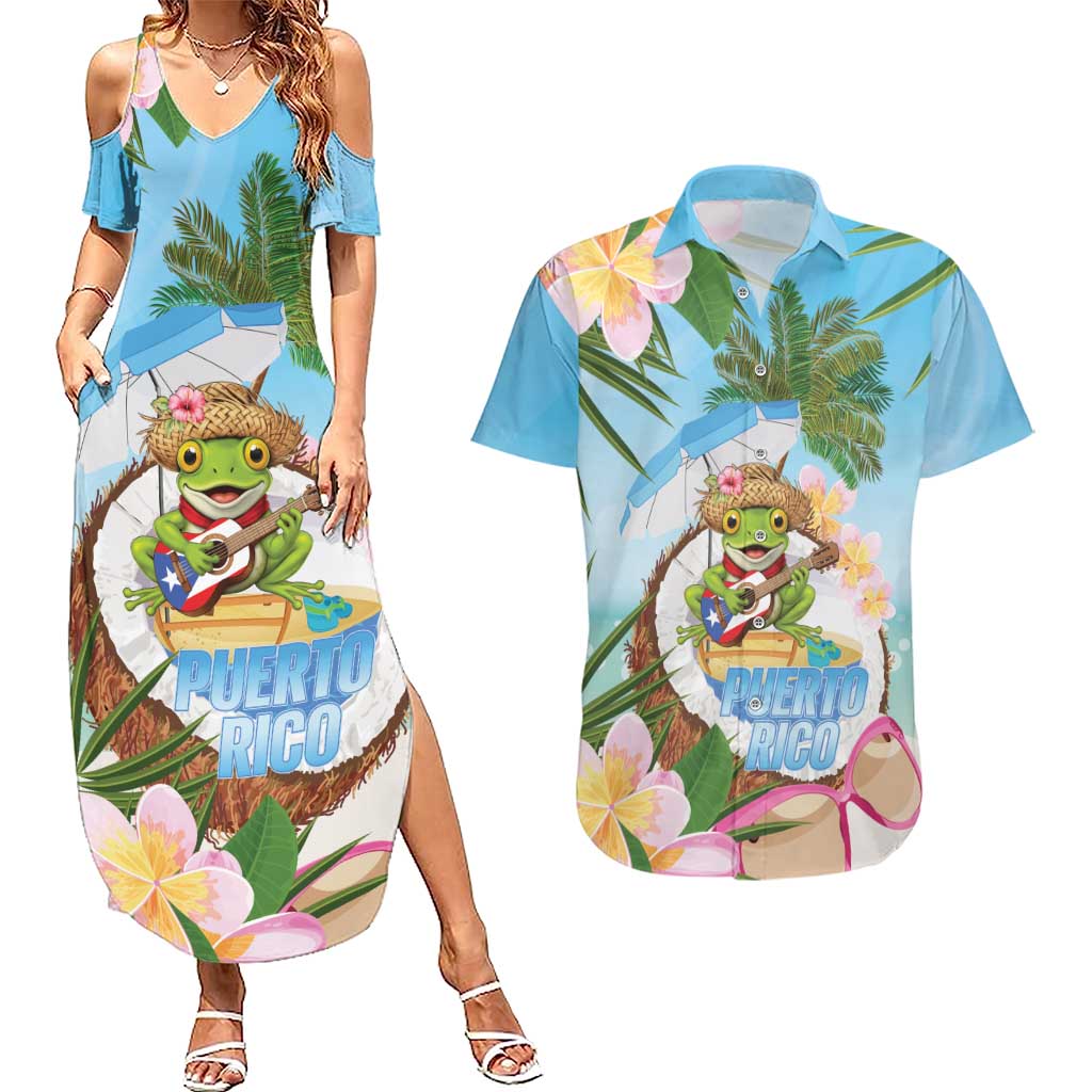 Puerto Rico Pava Coqui Couples Matching Summer Maxi Dress and Hawaiian Shirt Spirit Frog Tropical Beach Vibes - Wonder Print Shop