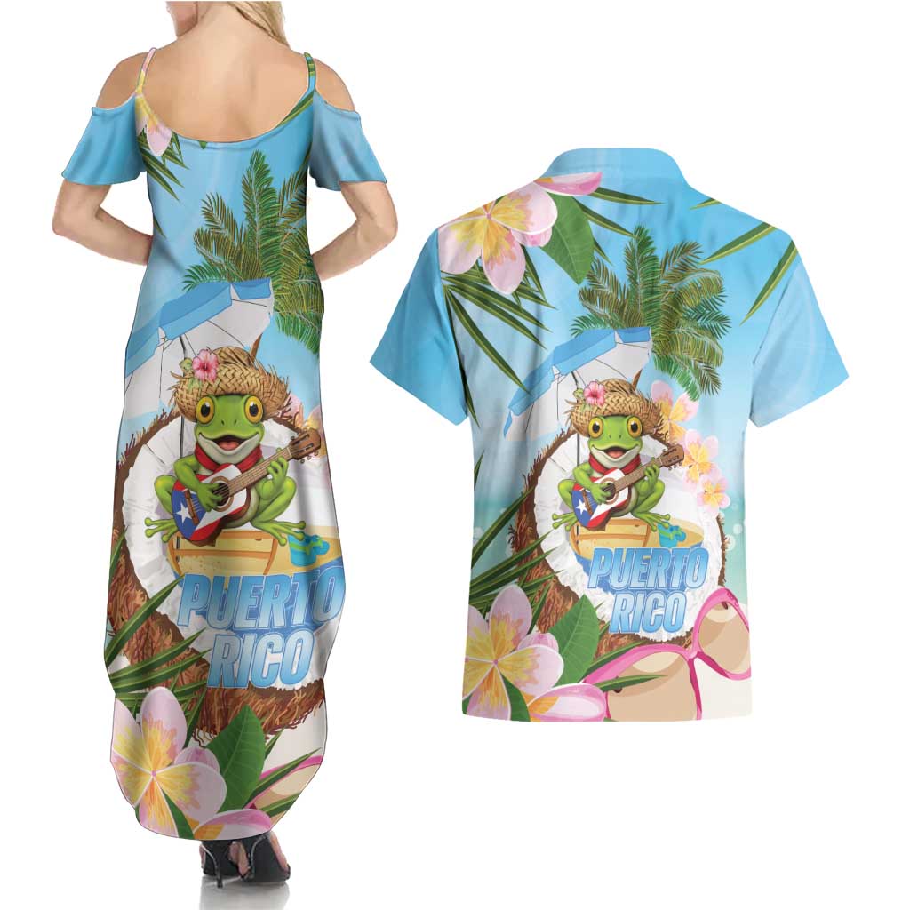 Puerto Rico Pava Coqui Couples Matching Summer Maxi Dress and Hawaiian Shirt Spirit Frog Tropical Beach Vibes - Wonder Print Shop
