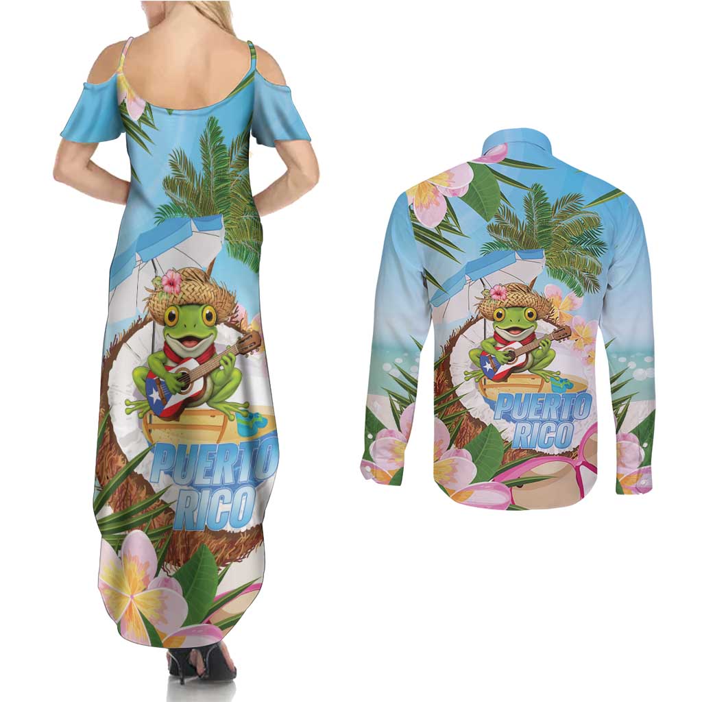 Puerto Rico Pava Coqui Couples Matching Summer Maxi Dress and Long Sleeve Button Shirt Spirit Frog Tropical Beach Vibes - Wonder Print Shop