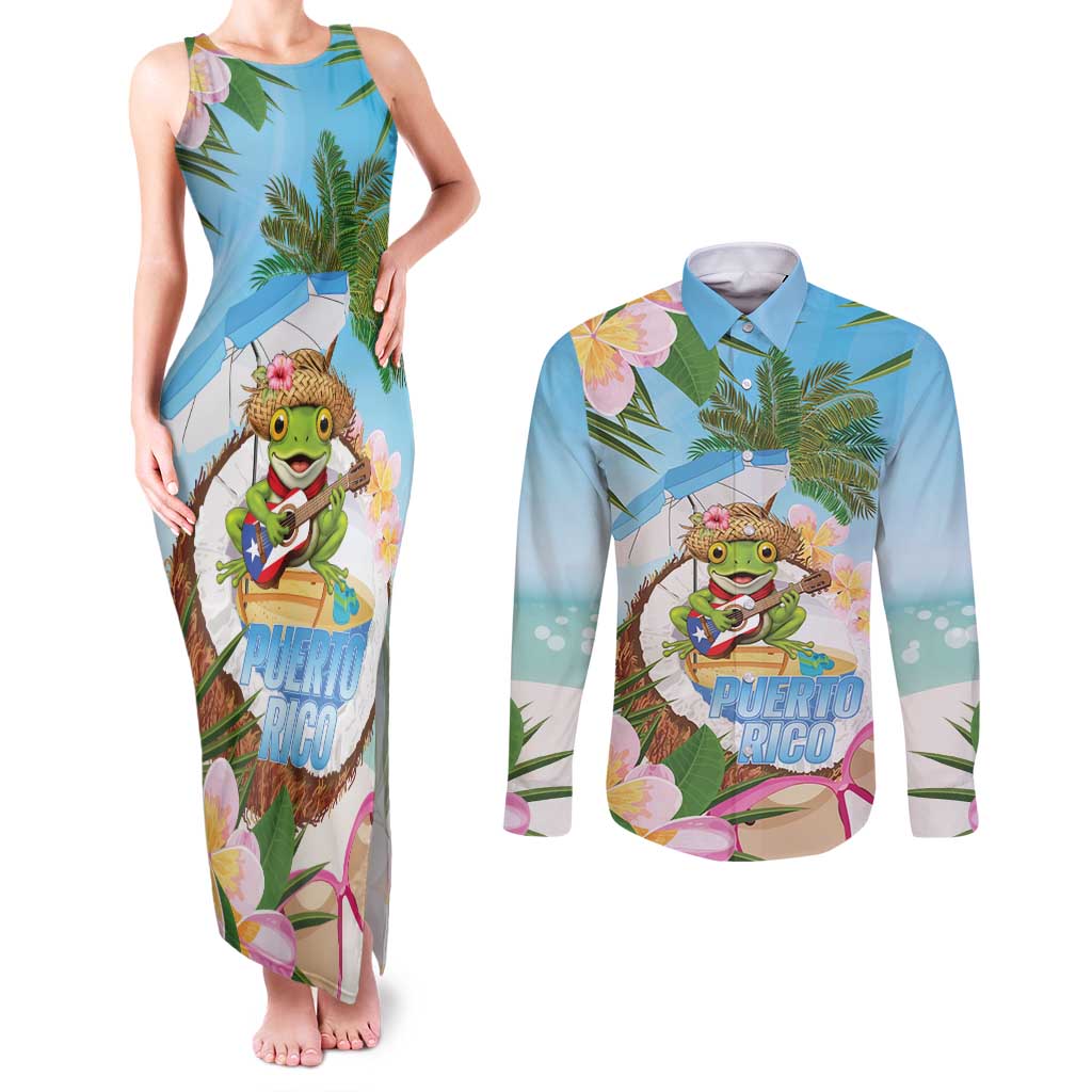 Puerto Rico Pava Coqui Couples Matching Tank Maxi Dress and Long Sleeve Button Shirt Spirit Frog Tropical Beach Vibes - Wonder Print Shop