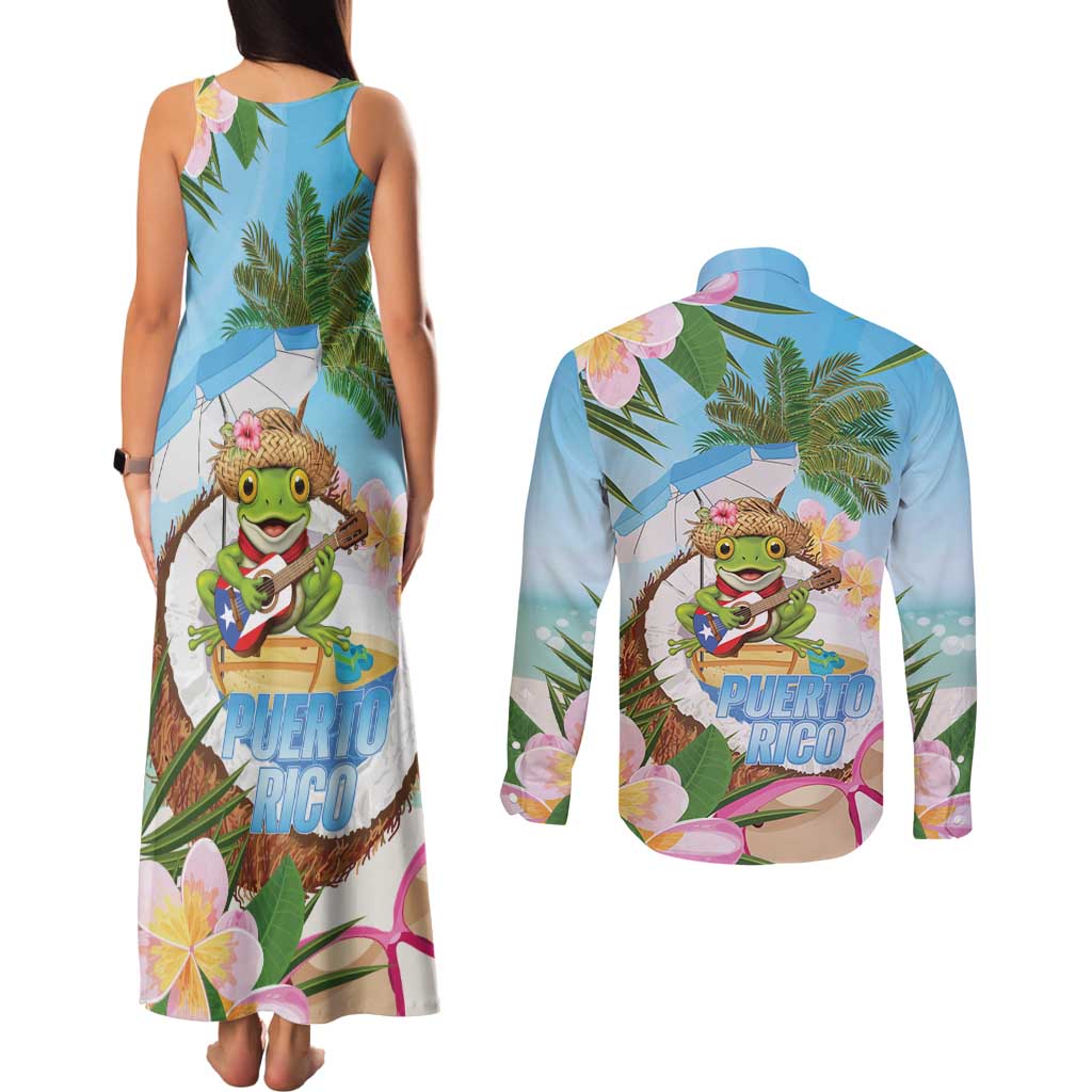 Puerto Rico Pava Coqui Couples Matching Tank Maxi Dress and Long Sleeve Button Shirt Spirit Frog Tropical Beach Vibes - Wonder Print Shop