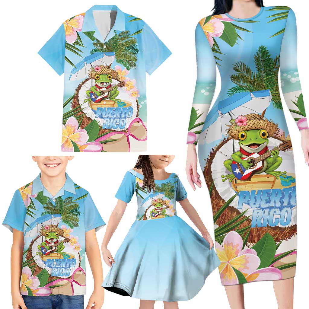 Puerto Rico Pava Coqui Family Matching Long Sleeve Bodycon Dress and Hawaiian Shirt Spirit Frog Tropical Beach Vibes - undefined