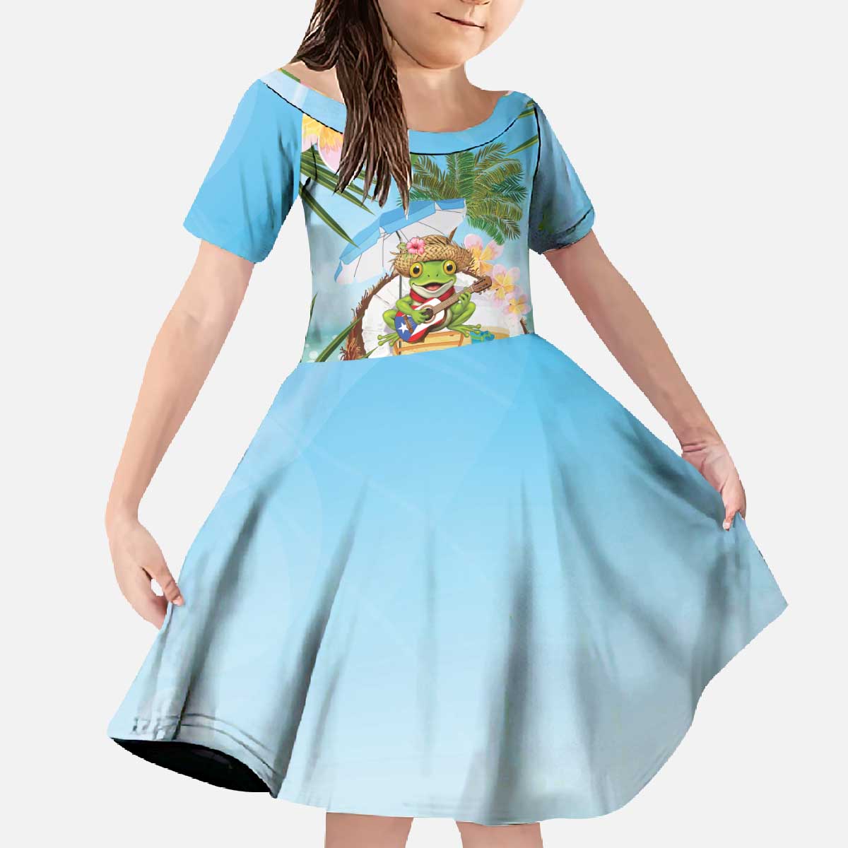 Puerto Rico Pava Coqui Family Matching Off The Shoulder Long Sleeve Dress and Hawaiian Shirt Spirit Frog Tropical Beach Vibes - Wonder Print Shop