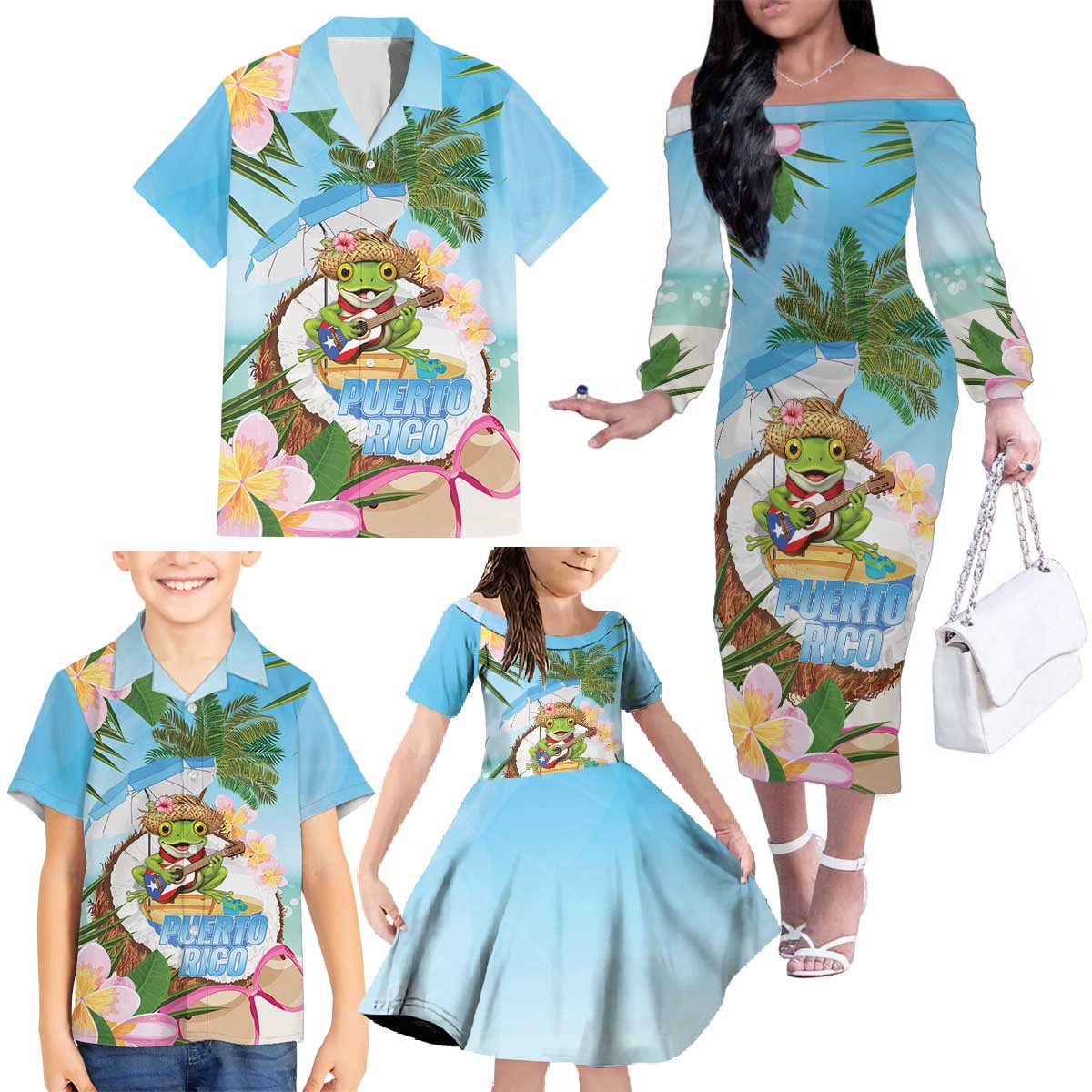 Puerto Rico Pava Coqui Family Matching Off The Shoulder Long Sleeve Dress and Hawaiian Shirt Spirit Frog Tropical Beach Vibes - Wonder Print Shop