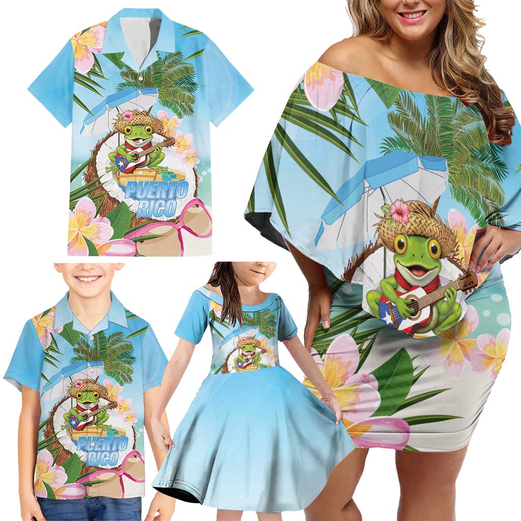 Puerto Rico Pava Coqui Family Matching Off Shoulder Short Dress and Hawaiian Shirt Spirit Frog Tropical Beach Vibes - Wonder Print Shop