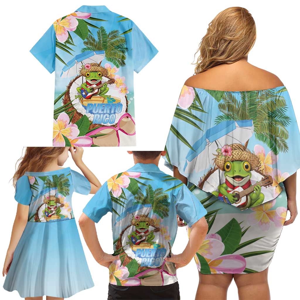 Puerto Rico Pava Coqui Family Matching Off Shoulder Short Dress and Hawaiian Shirt Spirit Frog Tropical Beach Vibes - Wonder Print Shop
