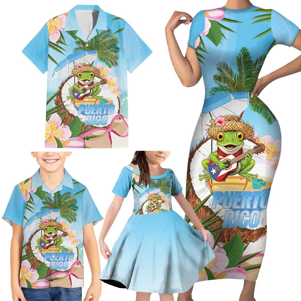 Puerto Rico Pava Coqui Family Matching Short Sleeve Bodycon Dress and Hawaiian Shirt Spirit Frog Tropical Beach Vibes - Wonder Print Shop