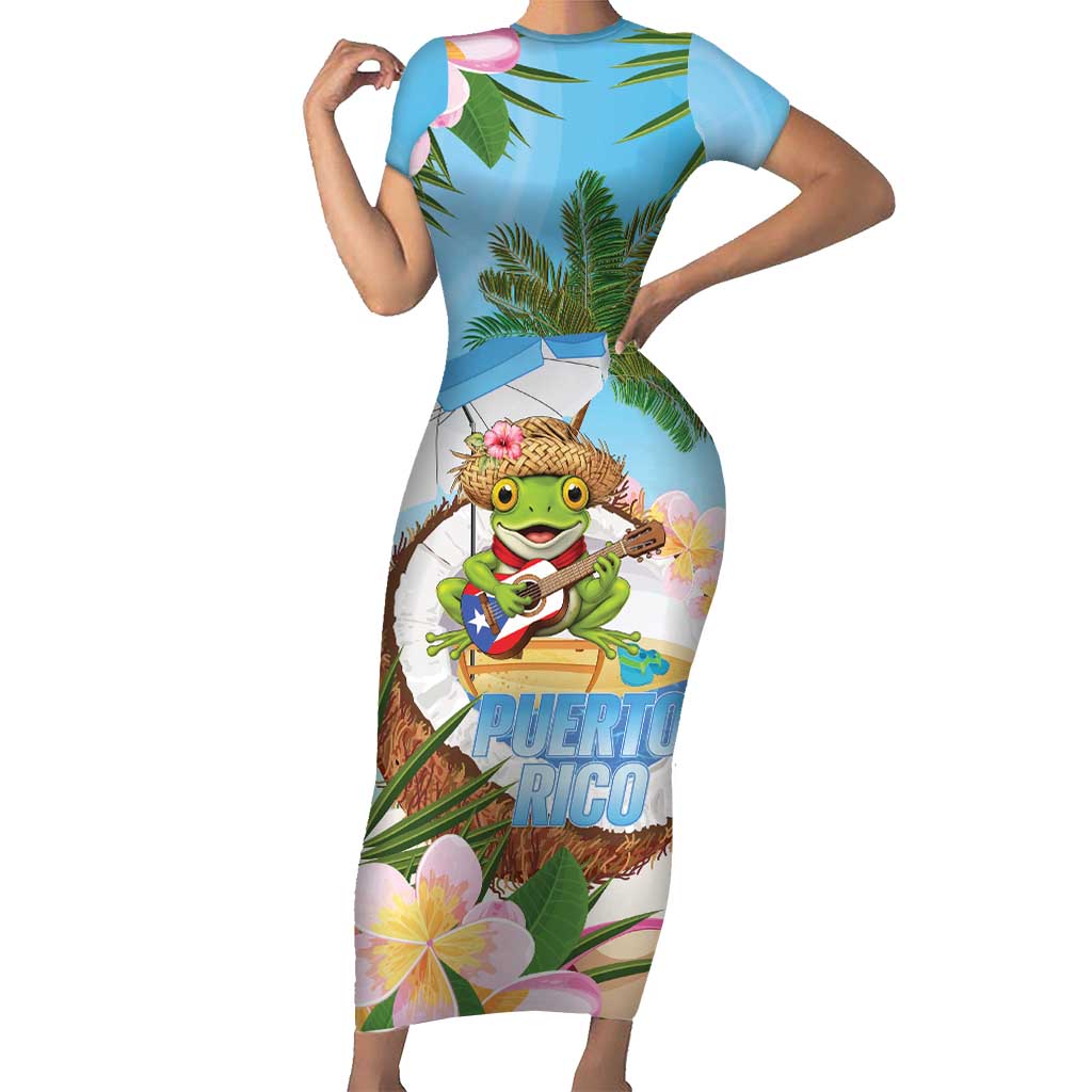 Puerto Rico Pava Coqui Family Matching Short Sleeve Bodycon Dress and Hawaiian Shirt Spirit Frog Tropical Beach Vibes - Wonder Print Shop
