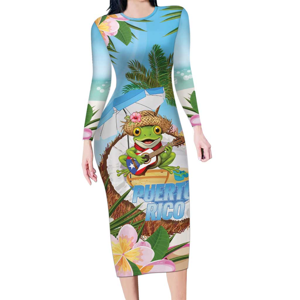 Puerto Rico Pava Coqui Long Sleeve Bodycon Dress Spirit Frog Tropical Beach Vibes - Wonder Print Shop