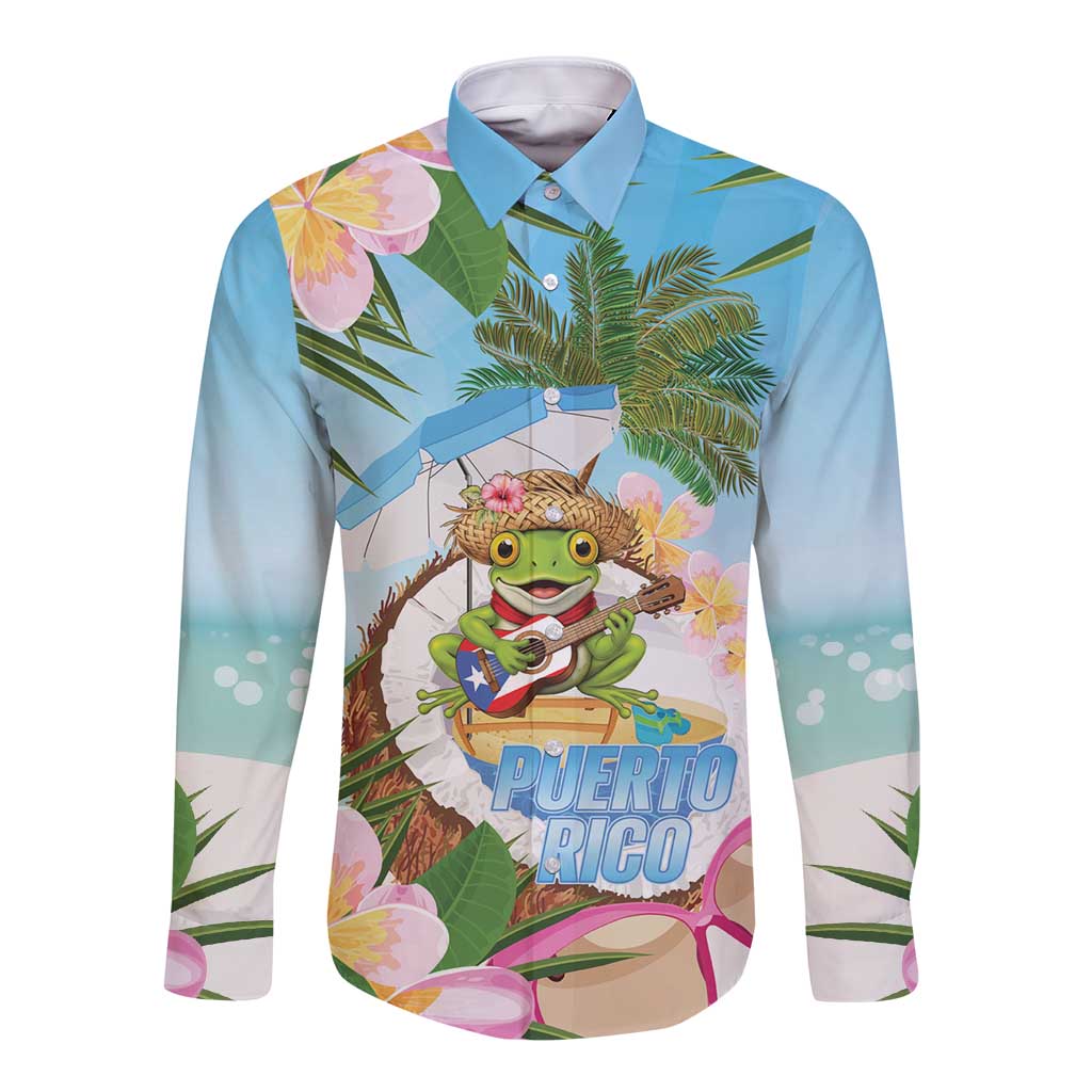 Puerto Rico Pava Coqui Long Sleeve Button Shirt Spirit Frog Tropical Beach Vibes - Wonder Print Shop