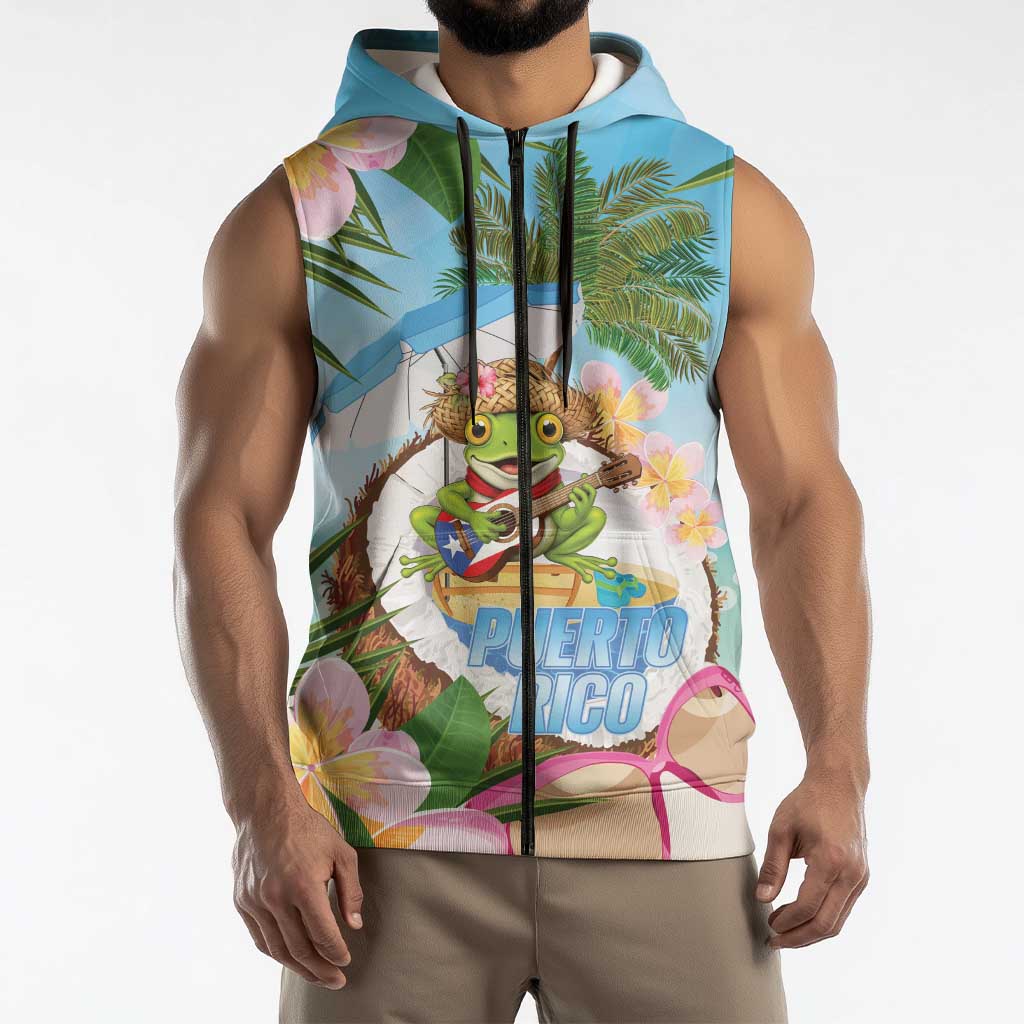 Puerto Rico Pava Coqui Sleeveless Zip Hoodie Spirit Frog Tropical Beach Vibes - Wonder Print Shop