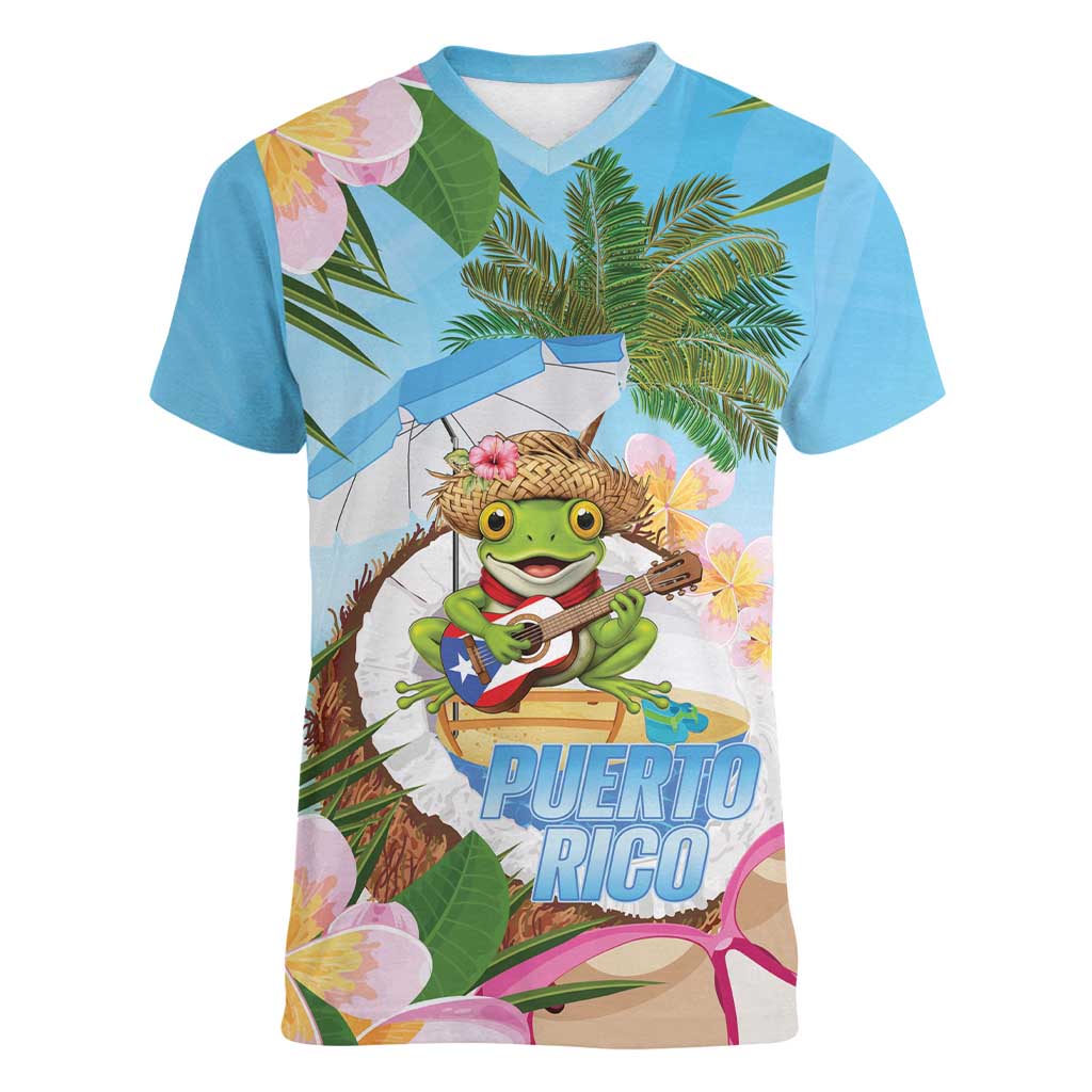 Puerto Rico Pava Coqui Women V-Neck T-Shirt Spirit Frog Tropical Beach Vibes - Wonder Print Shop