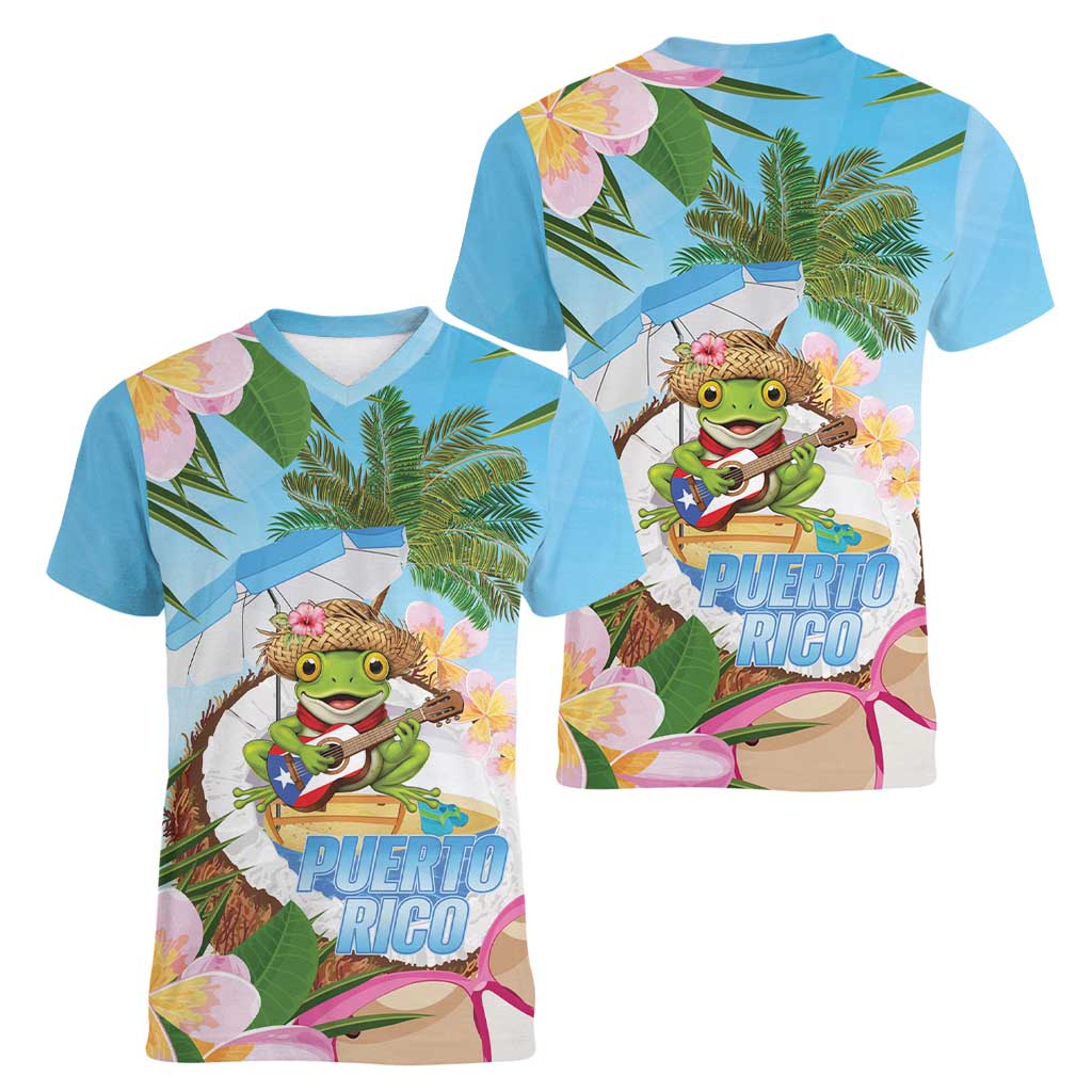 Puerto Rico Pava Coqui Women V-Neck T-Shirt Spirit Frog Tropical Beach Vibes - Wonder Print Shop