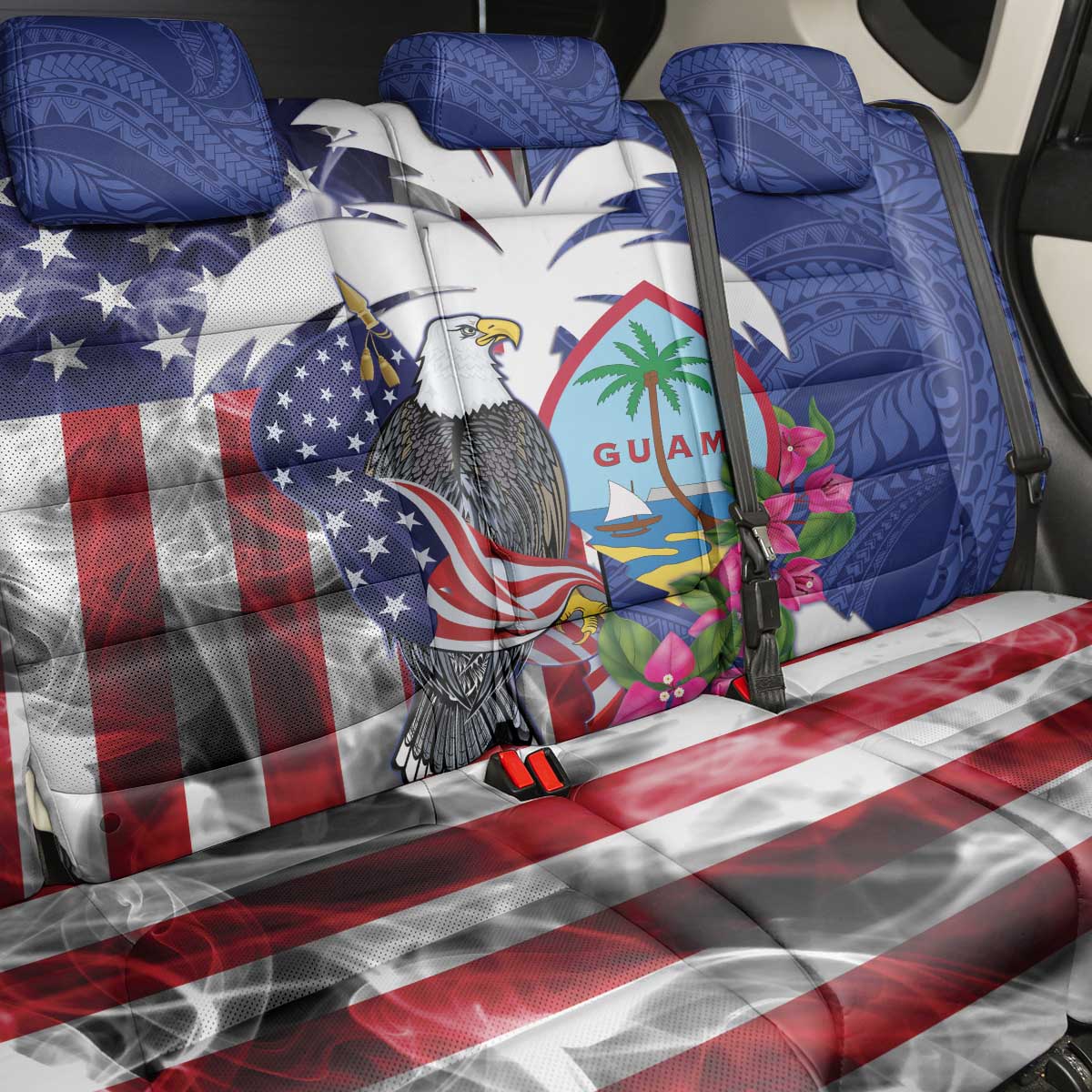 United States Guam Back Car Seat Cover USA Eagle Guahan Seal Bougainvillea - Wonder Print Shop