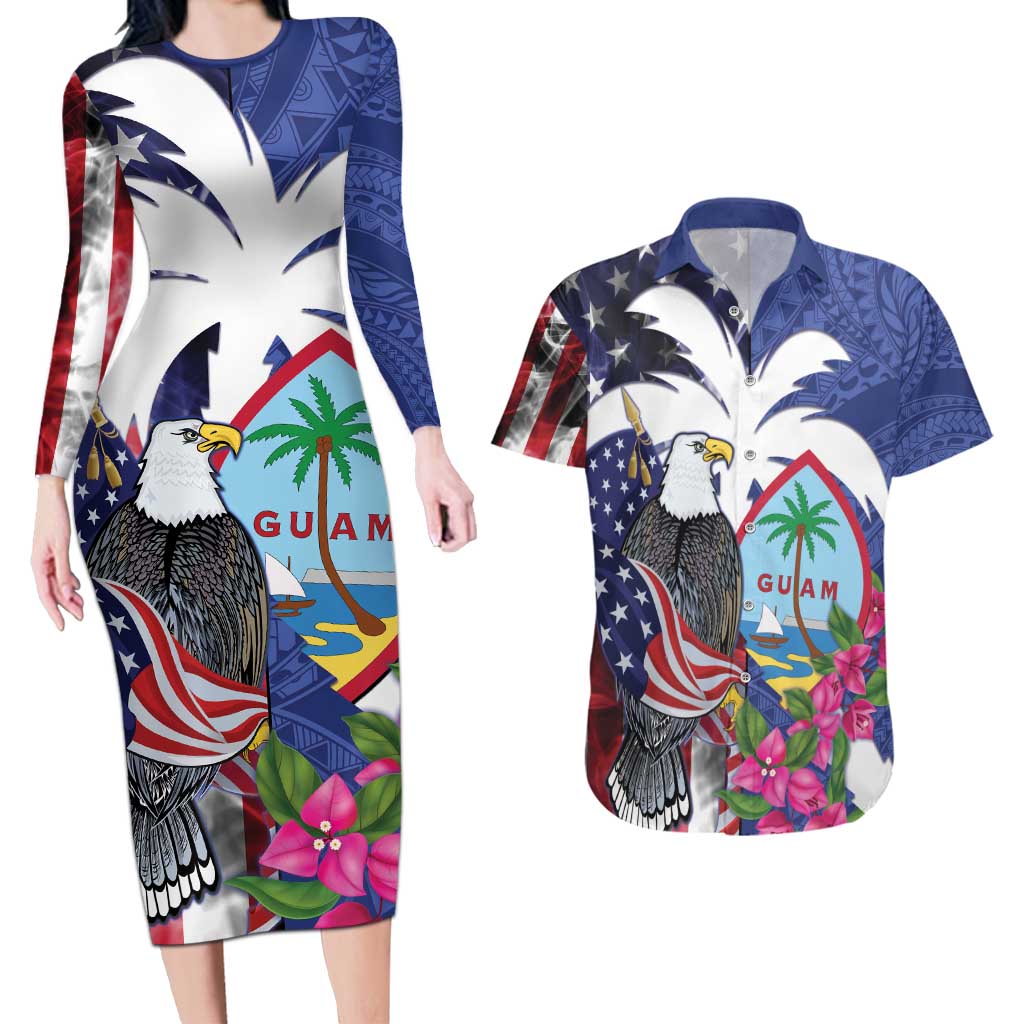 United States Guam Couples Matching Long Sleeve Bodycon Dress and Hawaiian Shirt USA Eagle Guahan Seal Bougainvillea - Wonder Print Shop