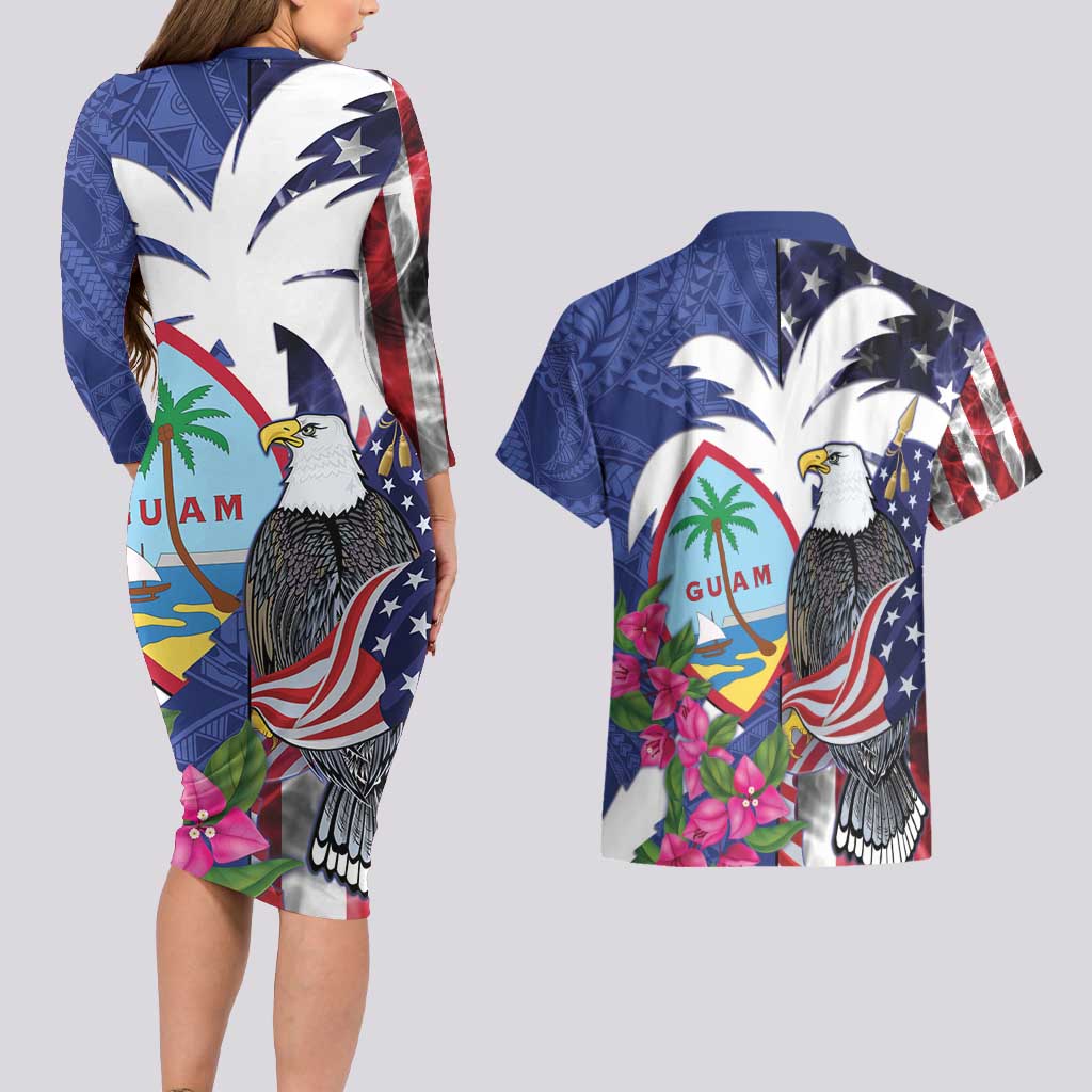 United States Guam Couples Matching Long Sleeve Bodycon Dress and Hawaiian Shirt USA Eagle Guahan Seal Bougainvillea - Wonder Print Shop