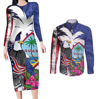 United States Guam Couples Matching Long Sleeve Bodycon Dress and Long Sleeve Button Shirt USA Eagle Guahan Seal Bougainvillea - Wonder Print Shop