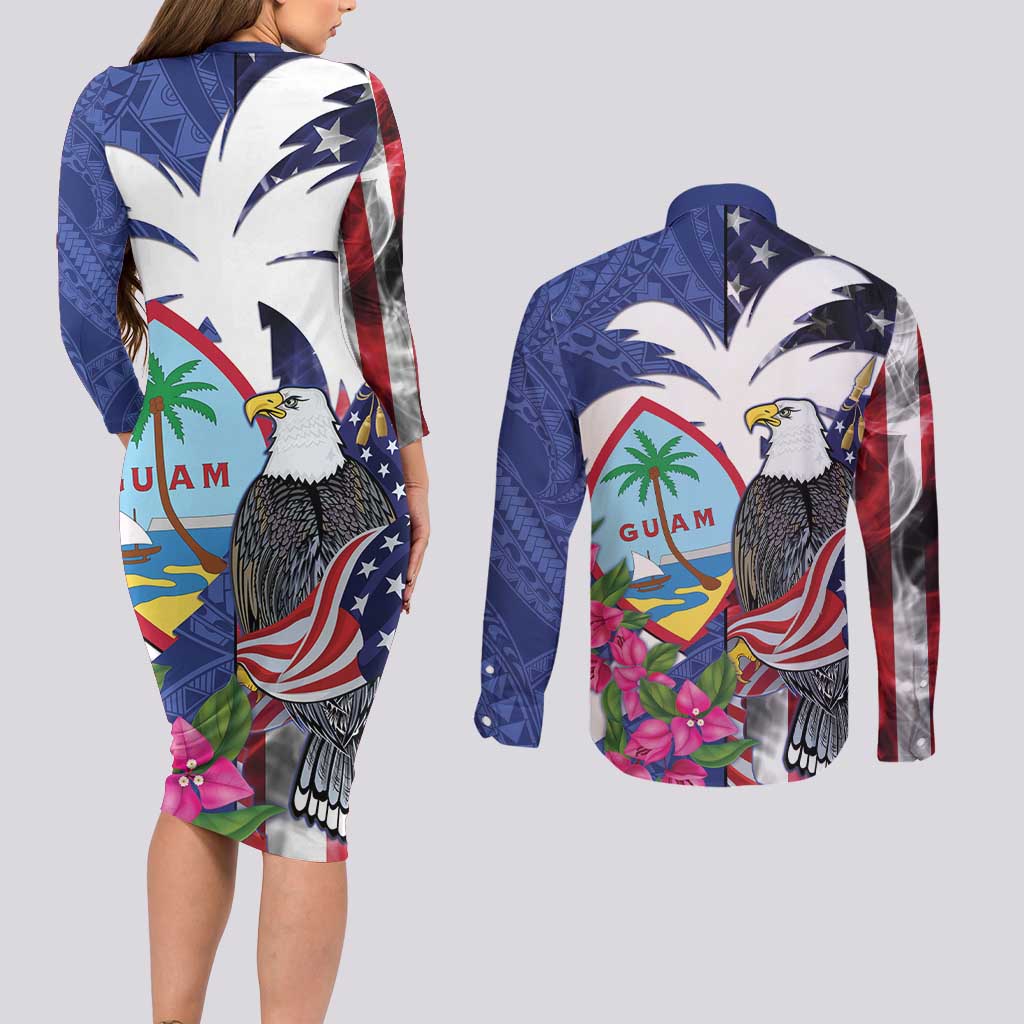 United States Guam Couples Matching Long Sleeve Bodycon Dress and Long Sleeve Button Shirt USA Eagle Guahan Seal Bougainvillea - Wonder Print Shop