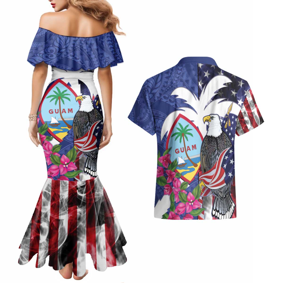 United States Guam Couples Matching Mermaid Dress and Hawaiian Shirt USA Eagle Guahan Seal Bougainvillea - Wonder Print Shop