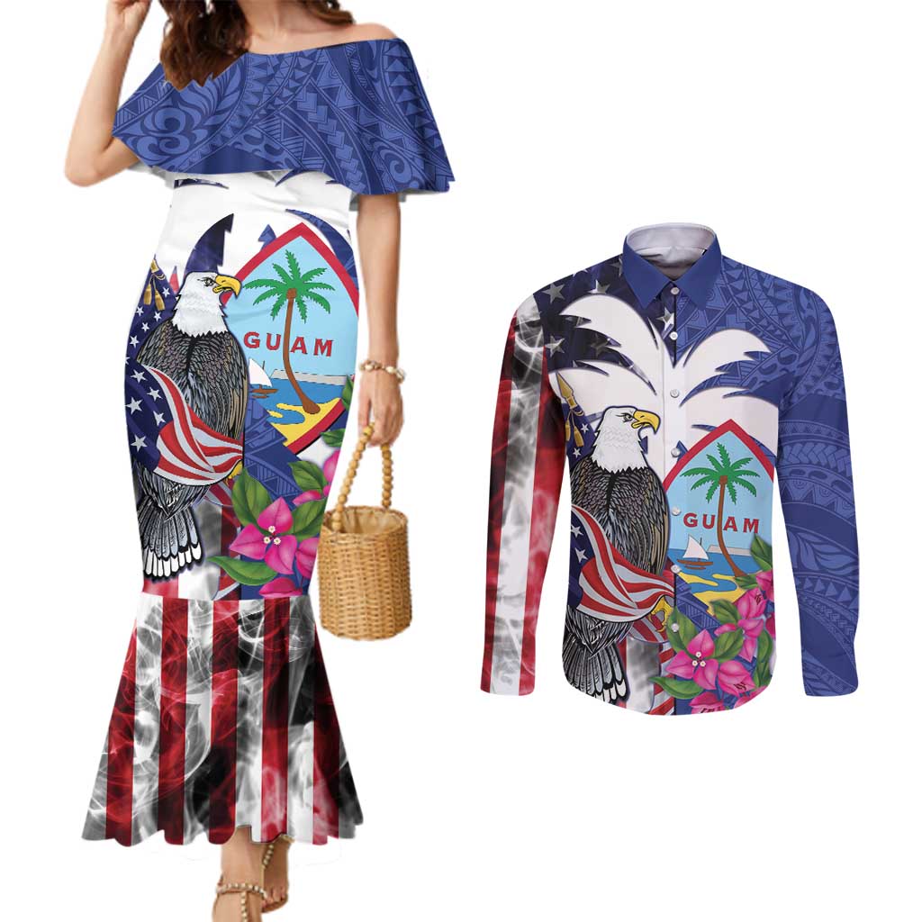 United States Guam Couples Matching Mermaid Dress and Long Sleeve Button Shirt USA Eagle Guahan Seal Bougainvillea - Wonder Print Shop