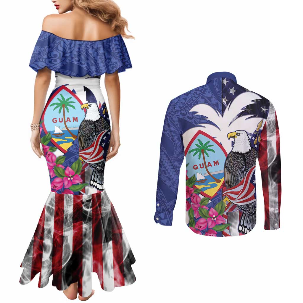 United States Guam Couples Matching Mermaid Dress and Long Sleeve Button Shirt USA Eagle Guahan Seal Bougainvillea - Wonder Print Shop
