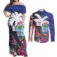 United States Guam Couples Matching Off Shoulder Maxi Dress and Long Sleeve Button Shirt USA Eagle Guahan Seal Bougainvillea - Wonder Print Shop