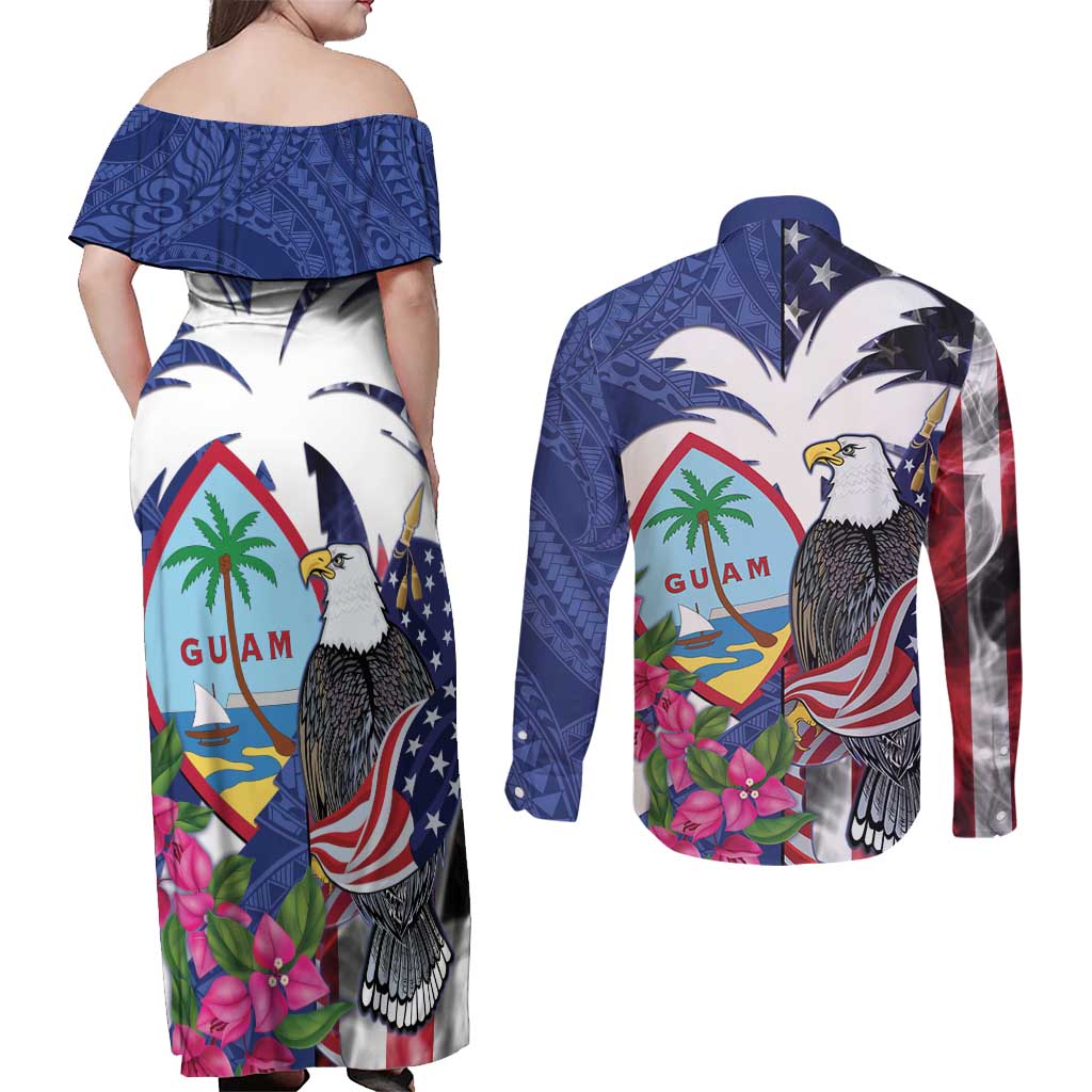 United States Guam Couples Matching Off Shoulder Maxi Dress and Long Sleeve Button Shirt USA Eagle Guahan Seal Bougainvillea - Wonder Print Shop