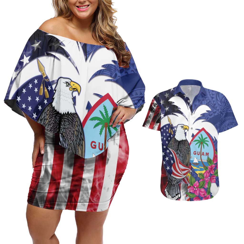 United States Guam Couples Matching Off Shoulder Short Dress and Hawaiian Shirt USA Eagle Guahan Seal Bougainvillea - Wonder Print Shop