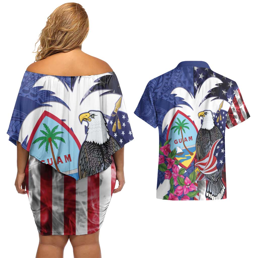 United States Guam Couples Matching Off Shoulder Short Dress and Hawaiian Shirt USA Eagle Guahan Seal Bougainvillea - Wonder Print Shop