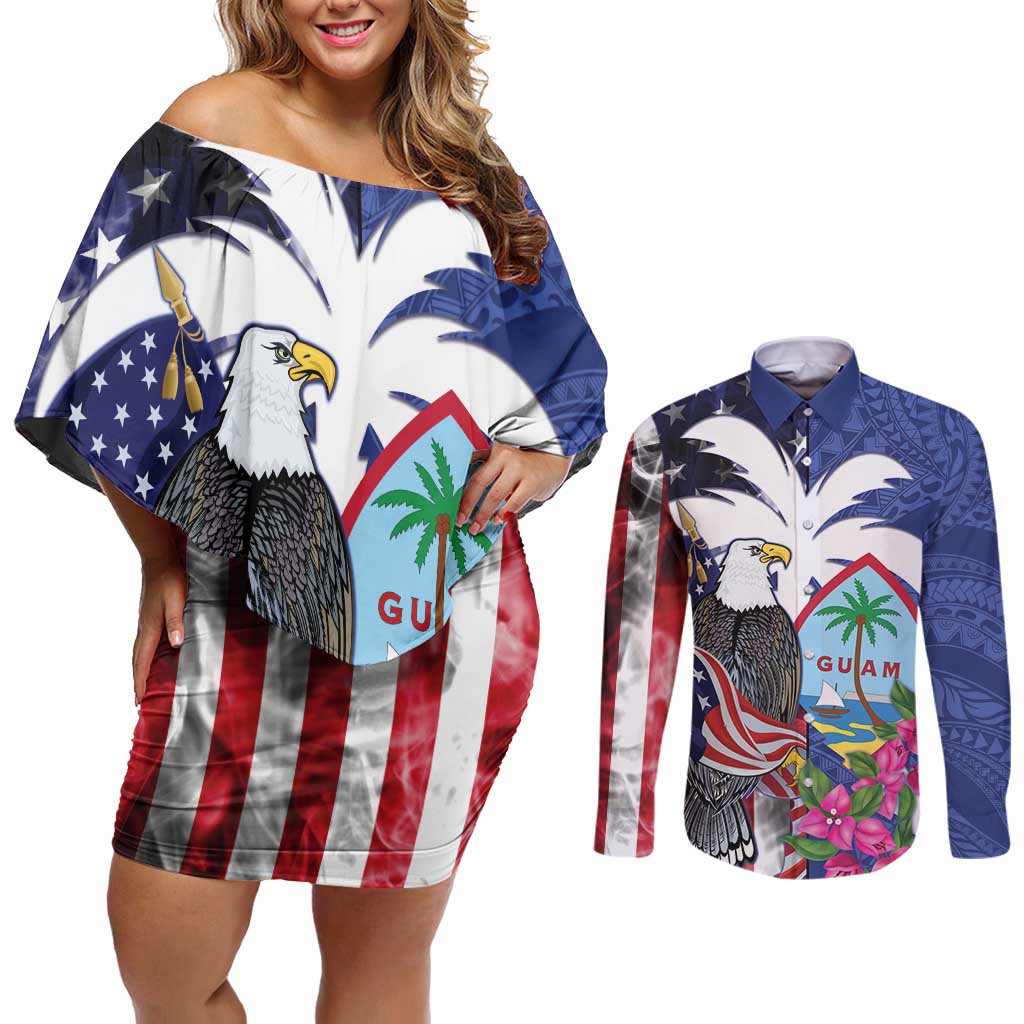 United States Guam Couples Matching Off Shoulder Short Dress and Long Sleeve Button Shirt USA Eagle Guahan Seal Bougainvillea - Wonder Print Shop