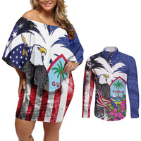United States Guam Couples Matching Off Shoulder Short Dress and Long Sleeve Button Shirt USA Eagle Guahan Seal Bougainvillea - Wonder Print Shop