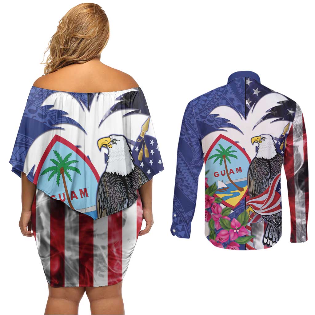 United States Guam Couples Matching Off Shoulder Short Dress and Long Sleeve Button Shirt USA Eagle Guahan Seal Bougainvillea - Wonder Print Shop