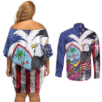 United States Guam Couples Matching Off Shoulder Short Dress and Long Sleeve Button Shirt USA Eagle Guahan Seal Bougainvillea - Wonder Print Shop