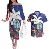 United States Guam Couples Matching Off The Shoulder Long Sleeve Dress and Hawaiian Shirt USA Eagle Guahan Seal Bougainvillea - Wonder Print Shop