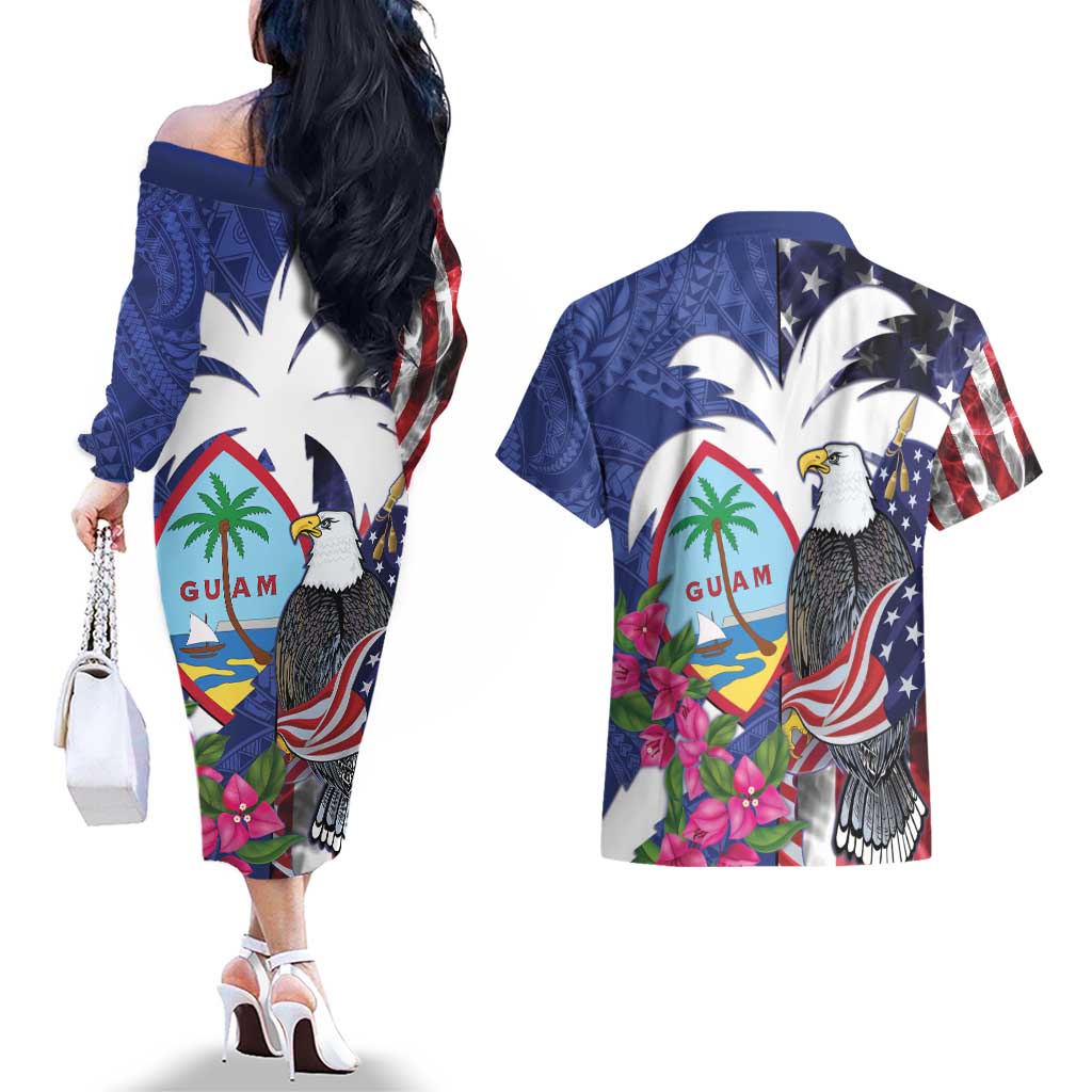 United States Guam Couples Matching Off The Shoulder Long Sleeve Dress and Hawaiian Shirt USA Eagle Guahan Seal Bougainvillea - Wonder Print Shop