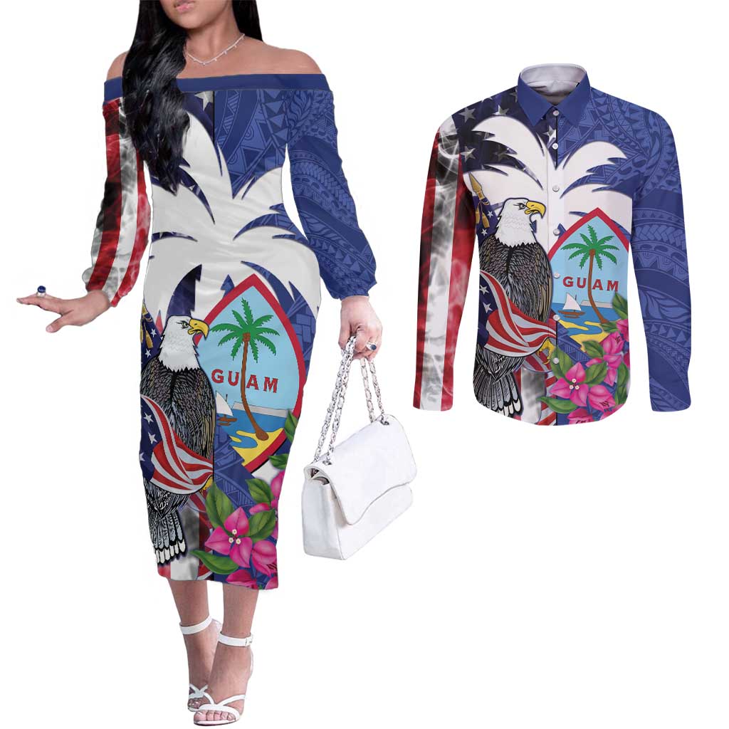 United States Guam Couples Matching Off The Shoulder Long Sleeve Dress and Long Sleeve Button Shirt USA Eagle Guahan Seal Bougainvillea - Wonder Print Shop