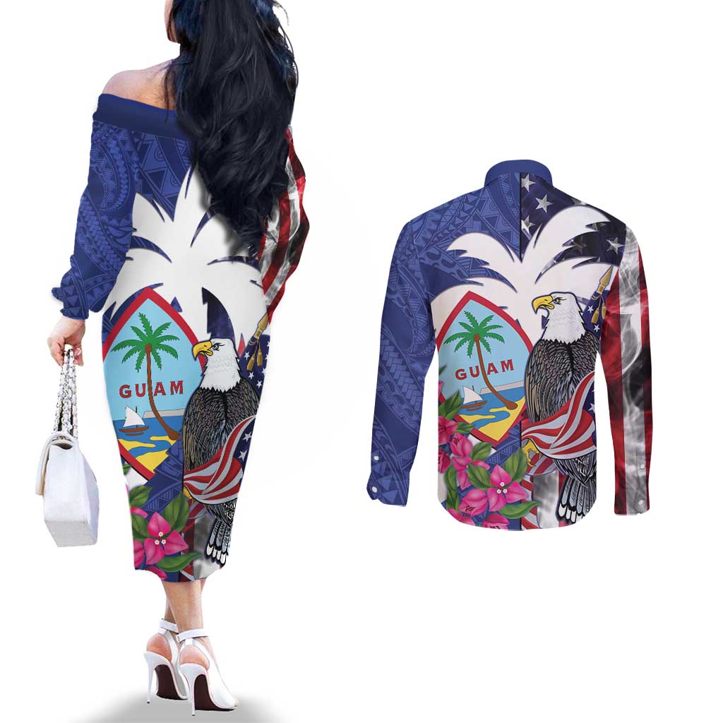 United States Guam Couples Matching Off The Shoulder Long Sleeve Dress and Long Sleeve Button Shirt USA Eagle Guahan Seal Bougainvillea - Wonder Print Shop