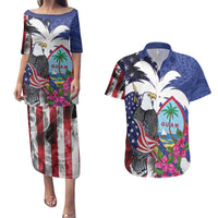 United States Guam Couples Matching Puletasi and Hawaiian Shirt USA Eagle Guahan Seal Bougainvillea - Wonder Print Shop
