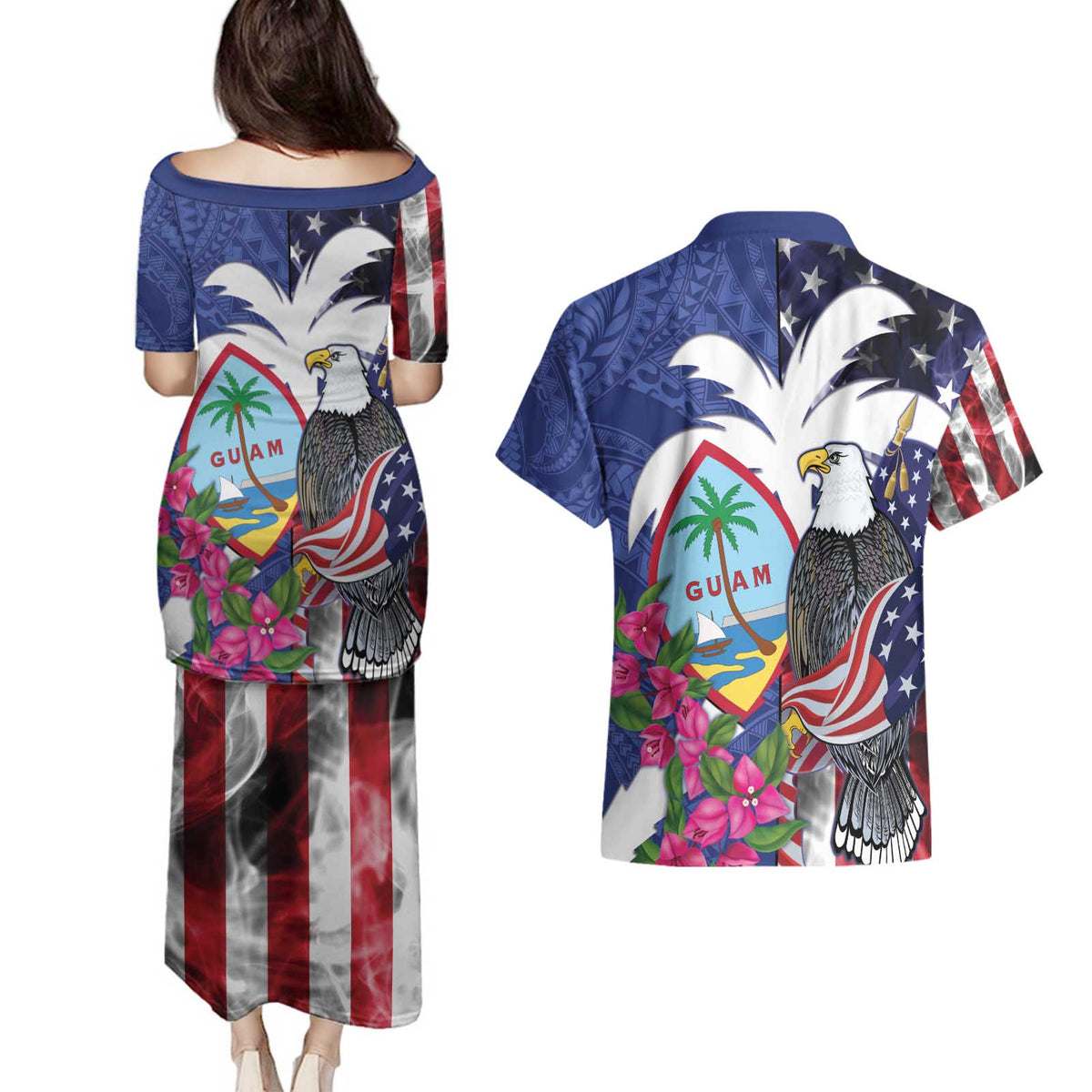 United States Guam Couples Matching Puletasi and Hawaiian Shirt USA Eagle Guahan Seal Bougainvillea - Wonder Print Shop