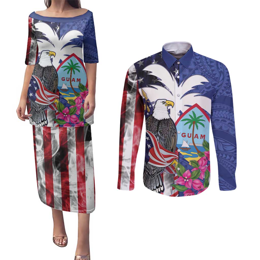 United States Guam Couples Matching Puletasi and Long Sleeve Button Shirt USA Eagle Guahan Seal Bougainvillea - Wonder Print Shop