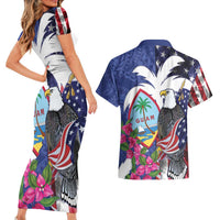 United States Guam Couples Matching Short Sleeve Bodycon Dress and Hawaiian Shirt USA Eagle Guahan Seal Bougainvillea - Wonder Print Shop