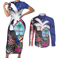 United States Guam Couples Matching Short Sleeve Bodycon Dress and Long Sleeve Button Shirt USA Eagle Guahan Seal Bougainvillea - Wonder Print Shop