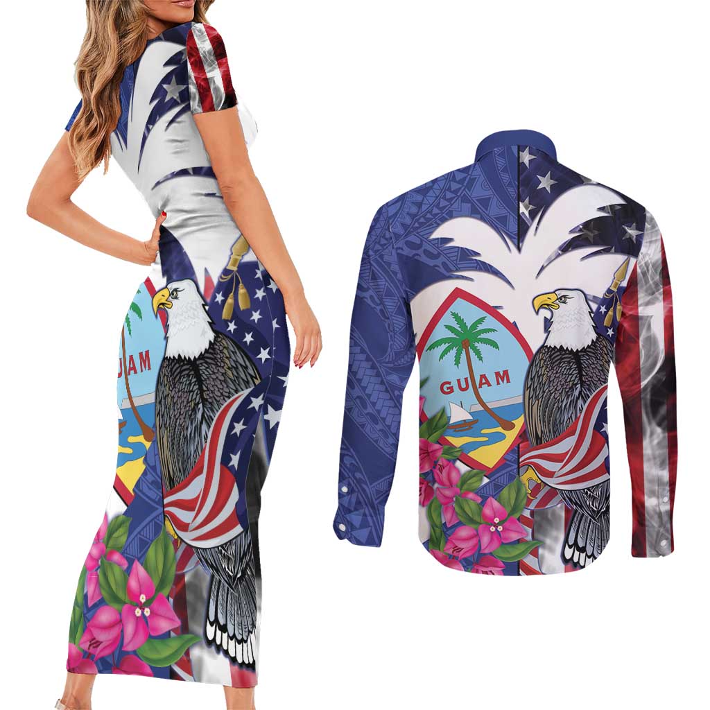 United States Guam Couples Matching Short Sleeve Bodycon Dress and Long Sleeve Button Shirt USA Eagle Guahan Seal Bougainvillea - Wonder Print Shop
