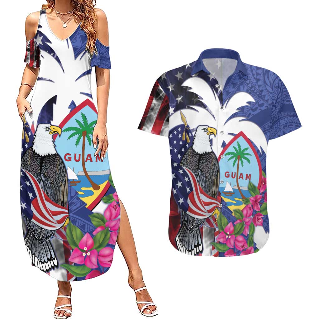 United States Guam Couples Matching Summer Maxi Dress and Hawaiian Shirt USA Eagle Guahan Seal Bougainvillea - Wonder Print Shop