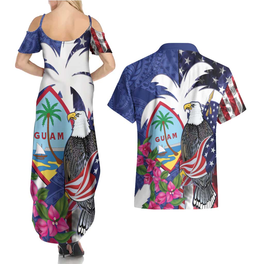 United States Guam Couples Matching Summer Maxi Dress and Hawaiian Shirt USA Eagle Guahan Seal Bougainvillea - Wonder Print Shop