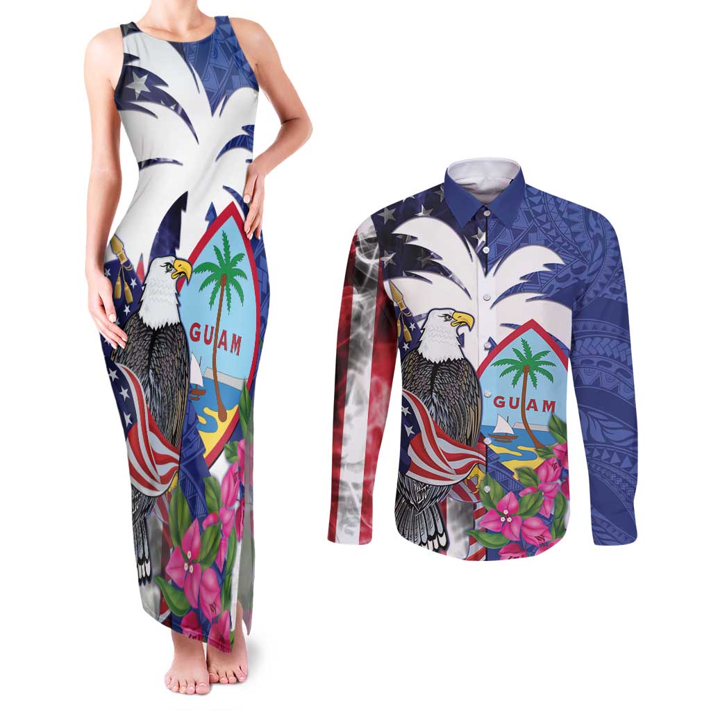 United States Guam Couples Matching Tank Maxi Dress and Long Sleeve Button Shirt USA Eagle Guahan Seal Bougainvillea - Wonder Print Shop