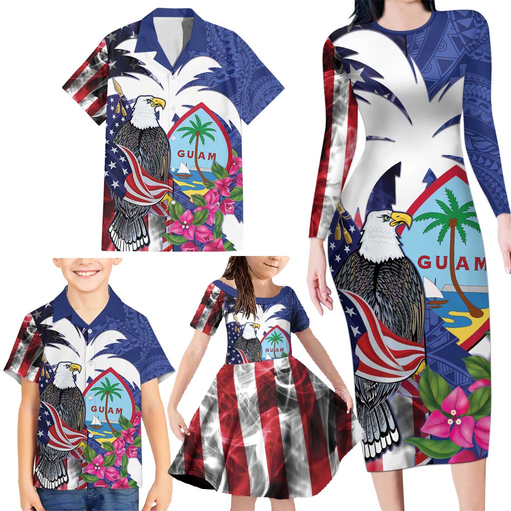 United States Guam Family Matching Long Sleeve Bodycon Dress and Hawaiian Shirt USA Eagle Guahan Seal Bougainvillea - Wonder Print Shop